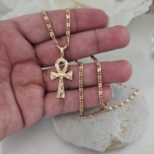 Gold Ankh Necklace, Gold Cross Chain, 14k Heavy Plated Gold, 2mm Scroll Chain, Textured Ankh Pendant, Lifetime Replacement Guarantee