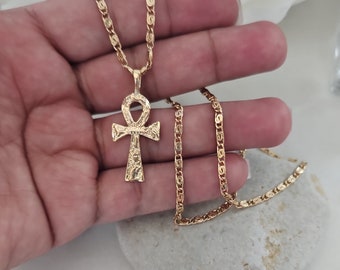 Gold Ankh Necklace, Gold Cross Chain, 14k Heavy Plated Gold, 2mm Scroll Chain, Textured Ankh Pendant, Lifetime Replacement Guarantee