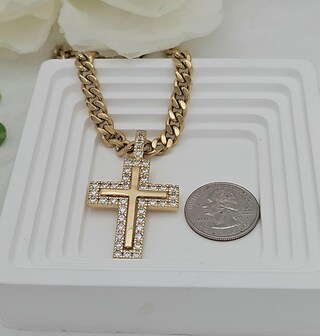 Collana Con Croce Uomo Donna: Ciondolo Grande Placcato Oro 14K Con Zirconia 5A, Catena A Strati In Acciaio Inox (40-61 Cm) - Idea Regalo