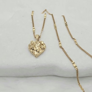 Gold Nugget Necklace, Gold Nugget Heart, 1mm Curb Chain with Design, Women's Gold Nugget Necklace, 14k Heavy Plated Gold, Beautiful Necklace