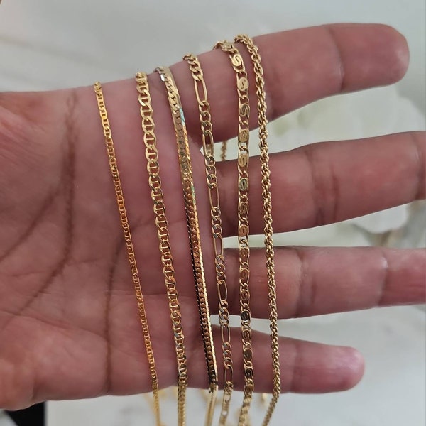 Gold Chain, 1mm & 2mm Assortment of Chain, 14k Heavy Plated Gold Over Base Metal, High Quality Necklaces, Lifetime Replacement Guarantee