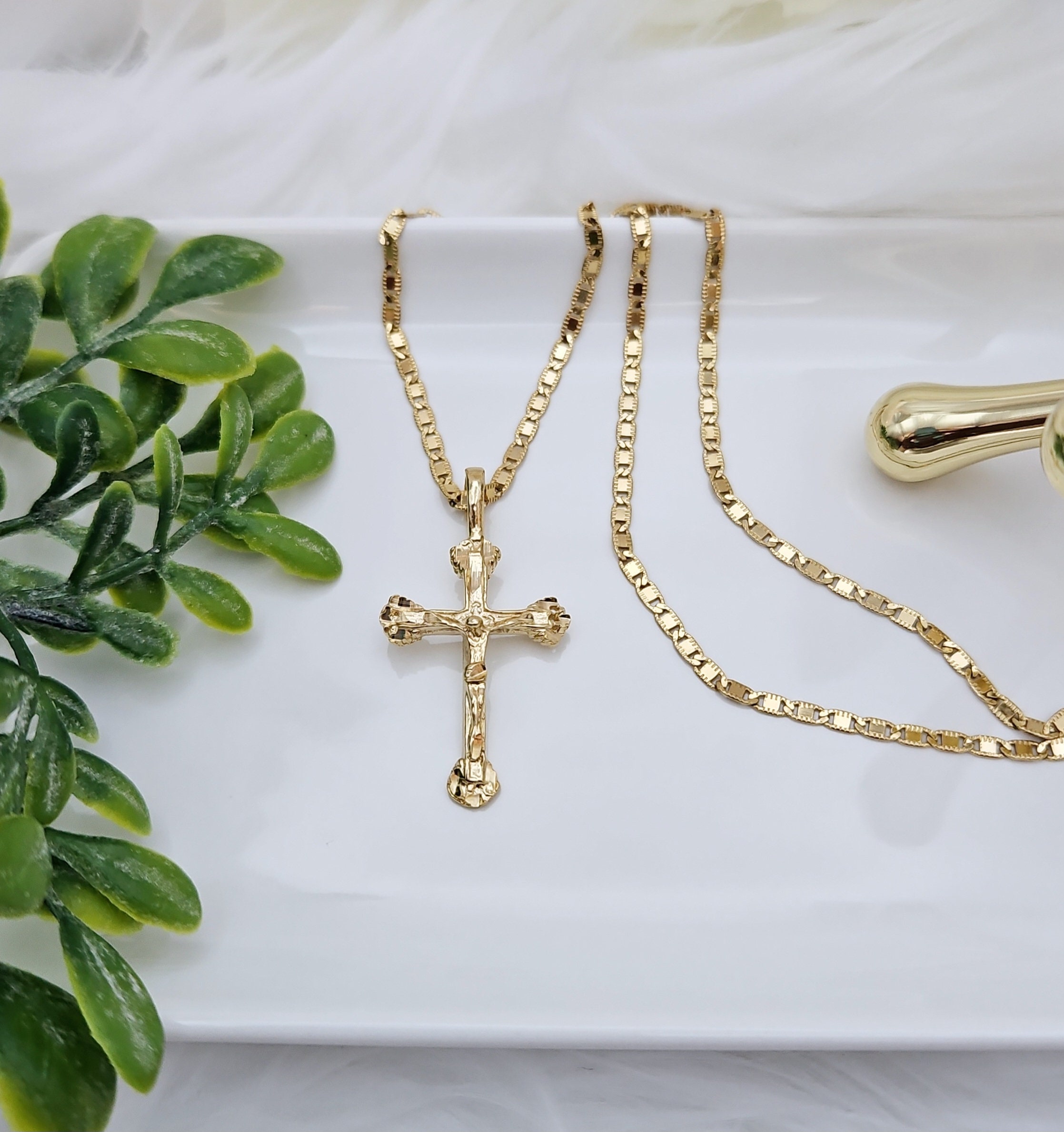 Gold Crucifix Necklace: 2.5mm Maritime Chain, 14k Heavy Plated