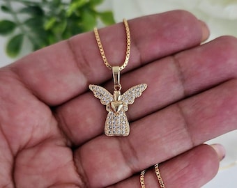 Tiny Gold Guardian Angel Necklace: Cubic Zirconia, 14k Heavy Plated, 1mm Box Chain