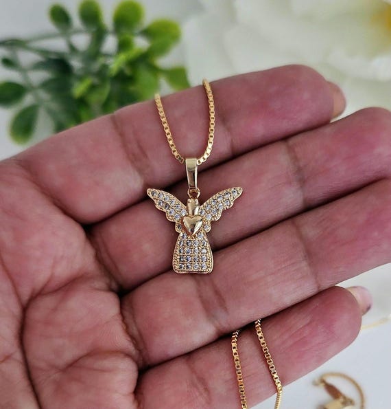小さなゴールドの守護天使ネックレス：キュービックジルコニア、14K 