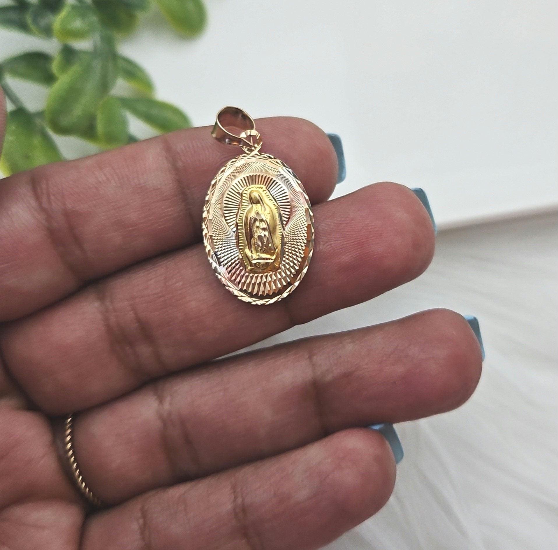10 kt massief gouden dubbelzijdige guadalupe, Jezus-hanger, authentieke 10 kt driekleurige gouden Maagd Maria-zijde, 14 kt geelgoud de Jezus-zijde, gestempeld