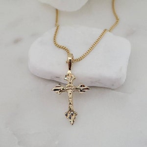 Small Gold Cross Necklace, Diamond Cut Cross Pendant, 1mm Curb Chain ...