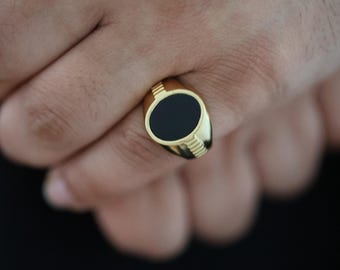 Black Onyx Ring with Cubic Zirconia for Men, 14k Heavy Plated Gold