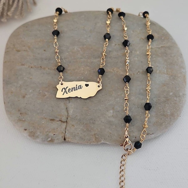 Gold Puerto Rico Necklace: Personalized Black Beaded Necklace