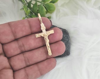 Gold Crucifix Pendant: Unisex Jesus Cross, 14k Heavy Plated, Medium Sized, Lifetime Replacement Guarantee