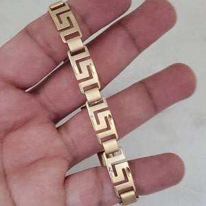 Pulsera de llave griega de oro, pulsera de llave griega para mujer, chapado en oro grueso de 14 k, pulsera de mujer con corte de diamante, acabado satinado, alta calidad