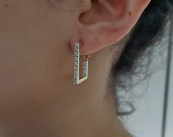 14K Gold Paved Rectangle Earrings, Diamond Hoop Earrings, 14k Heavy Plated Gold Earrings, Hypoallergenic Posts, Paved Earrings, Tarnish Free