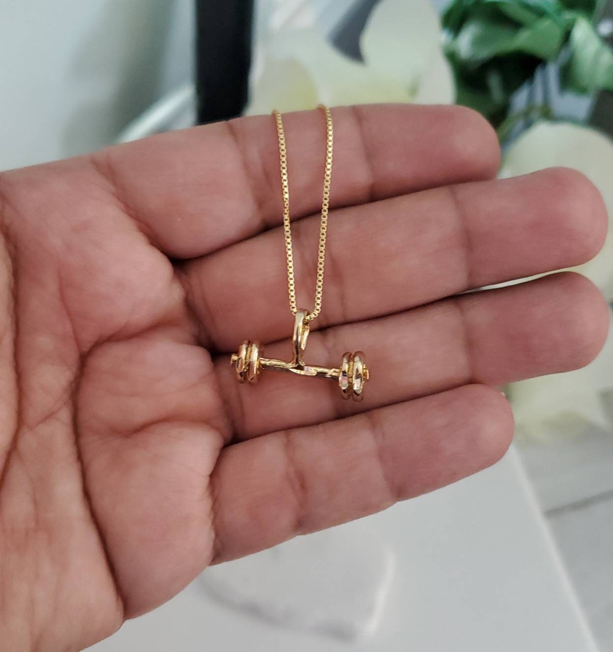 Gold Dumbbell Necklace Small Dumbbell Pendant 1mm Gold Curb Unisex Dumbbell Necklace 14K Heavy Plated Gold Necklace High Quality