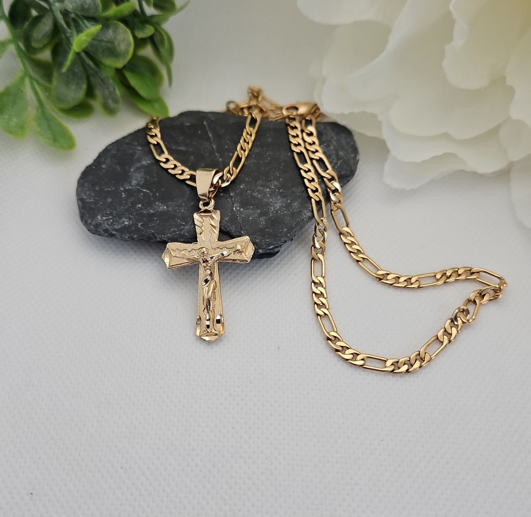 Gold Crucifix Necklace for Men, 4mm Figaro Chain, Diamond Cut Cross, High Quality Necklace, 14K