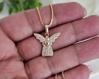Ciondolo Angelo Con Collana In Oro Giallo 14kt (585) – Gioiello Con Zirconia, Catena Regolabile 42-45cm