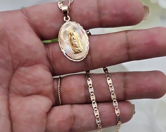 14k Solid Gold Guadalupe Necklace, Authentic 14k Tricolor Gold Virgin Mary Necklace, 14k Gold 2mm Valentino Chain, Chain & Pendant Stamped