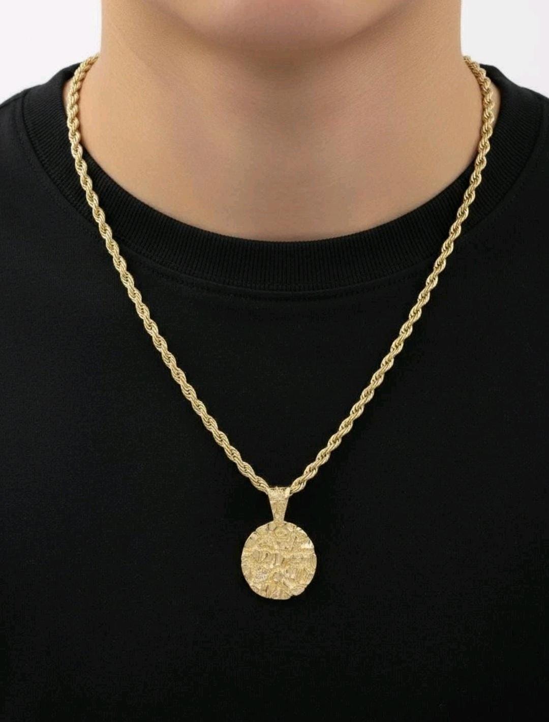 ゴールドナゲットペンダントネックレス：4mmロープチェーン、14K厚手