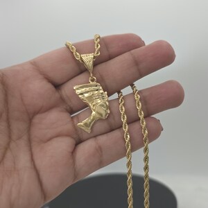 Gold Nefertiti Pendant Necklace: 14k Heavy Plated, 3mm French Rope Chain, Lifetime Replacement Guarantee image 2
