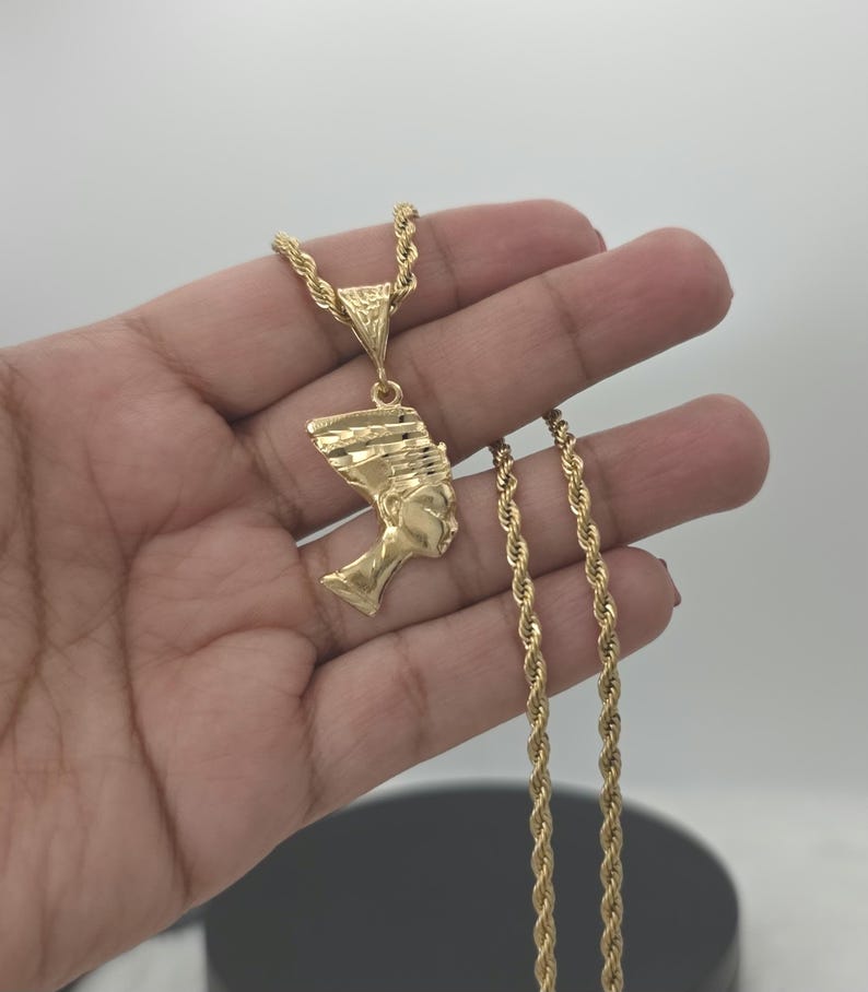 Gold Nefertiti Pendant Necklace: 14k Heavy Plated, 3mm French Rope Chain, Lifetime Replacement Guarantee image 2