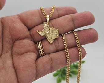 Collar con colgante de pepita de Texas chapado en oro grueso de 14k - Cadena tipo curb de 3 mm