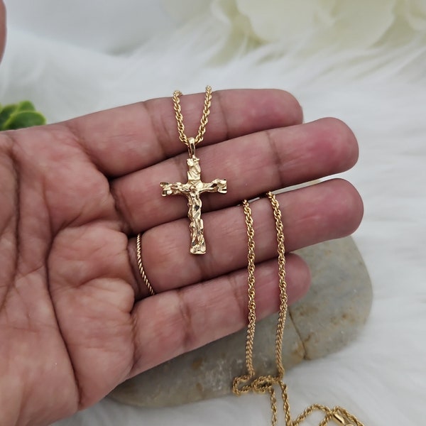 Gold Nugget Crucifix Necklace, Small Gold Nugget Cross Necklace, Crucifix Necklace, 14k Heavy Plated Gold, 1mm Diamond Cut French Rope Chain