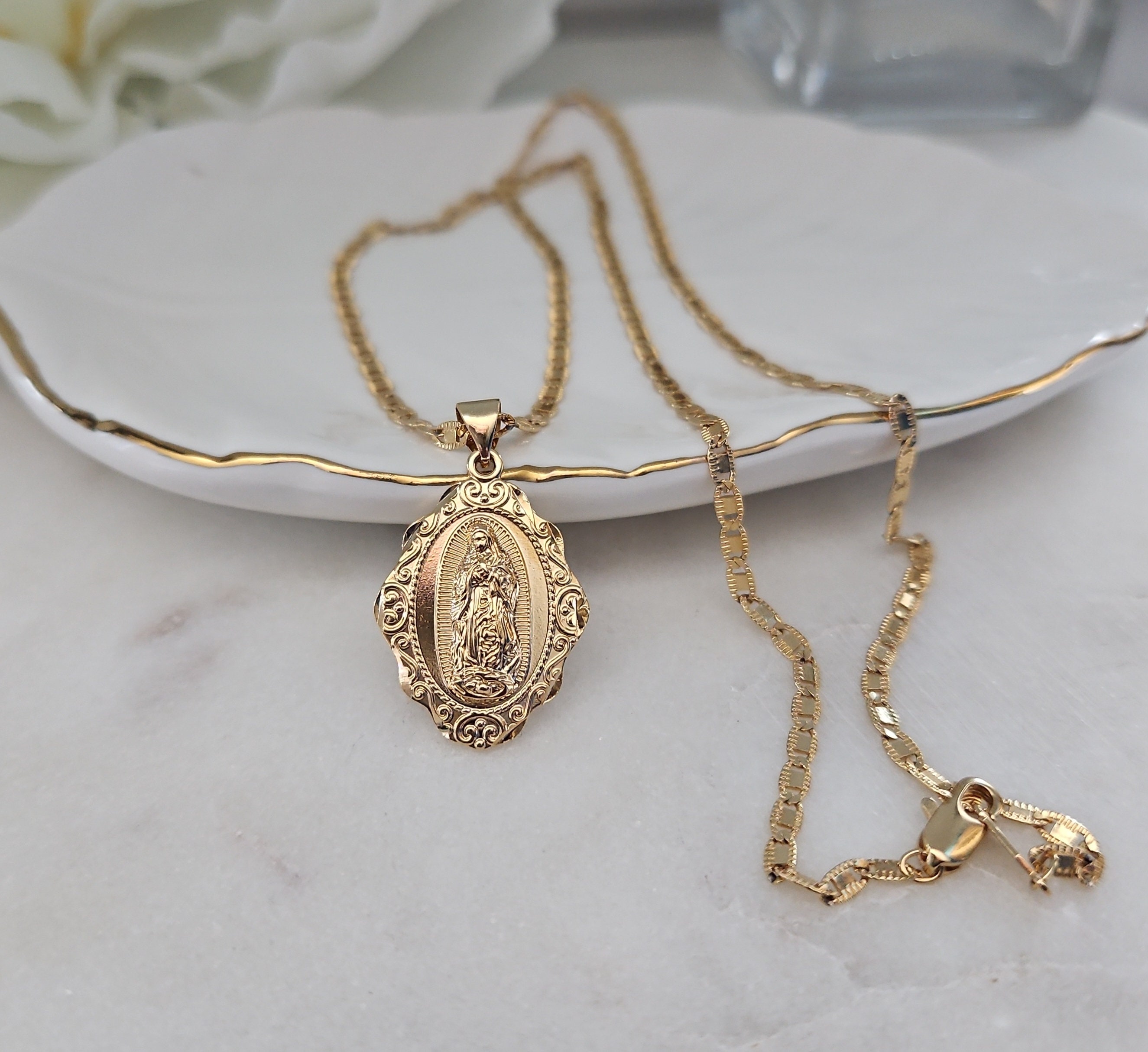 Gold Virgin Mary Necklace, Guadalupe Necklace, 2mm Fancy Flat Chain, 14k Heavy Plated Gold, High Quality, Lifetime Replacement Guarantee