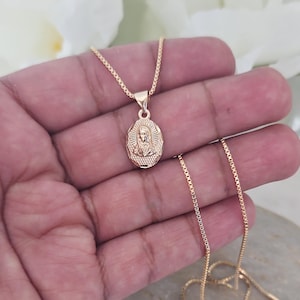 Tiny Gold Virgin Mary Necklace: 14k Plated Miraculous Medal, 1mm Box Chain