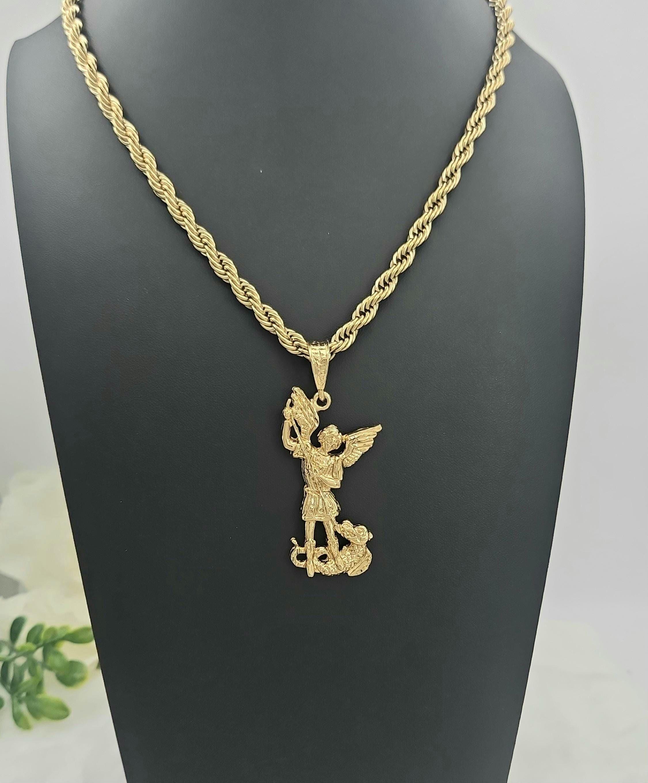 Large Gold St Michael Necklace: Angel of Protection, 14k Gold