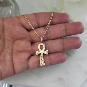 Gold Ankh Necklace, Cross Chain, 14k Heavy Plated Gold, Unisex Necklace, 2mm Curb Chain, Textured Ankh, Lifetime Replacement Guarantee