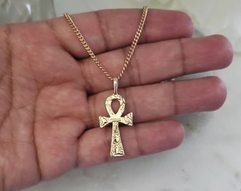 Gold Ankh Necklace, Cross Chain, 14k Heavy Plated Gold, Unisex Necklace, 2mm Curb Chain, Textured Ankh, Lifetime Replacement Guarantee