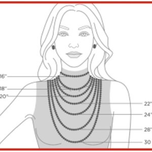 May include: A black and white line drawing of a person wearing seven layered beaded necklaces. The illustration includes labels for necklace lengths at 16 inches, 18 inches, 20 inches, 22 inches, 24 inches, 28 inches, and 30 inches to show sizing.
