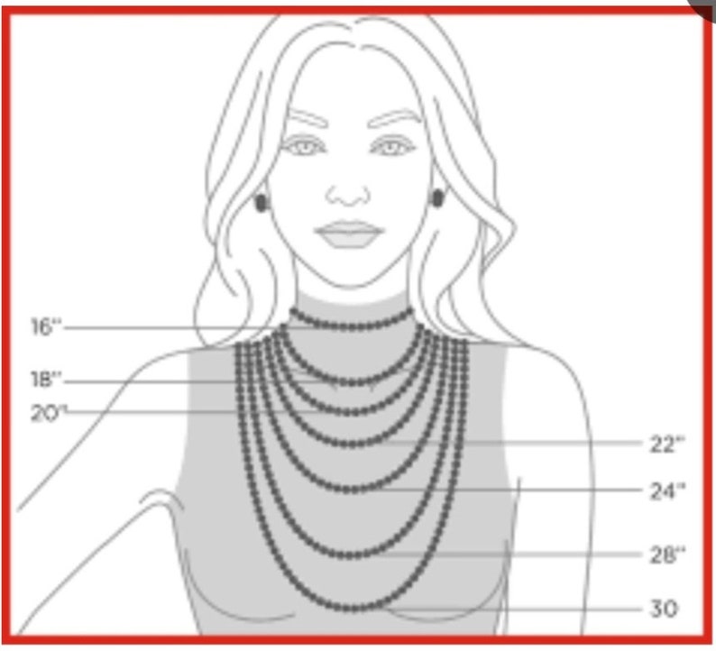 May include: A black and white line drawing of a person wearing seven layered beaded necklaces. The illustration includes labels for necklace lengths at 16 inches, 18 inches, 20 inches, 22 inches, 24 inches, 28 inches, and 30 inches to show sizing.