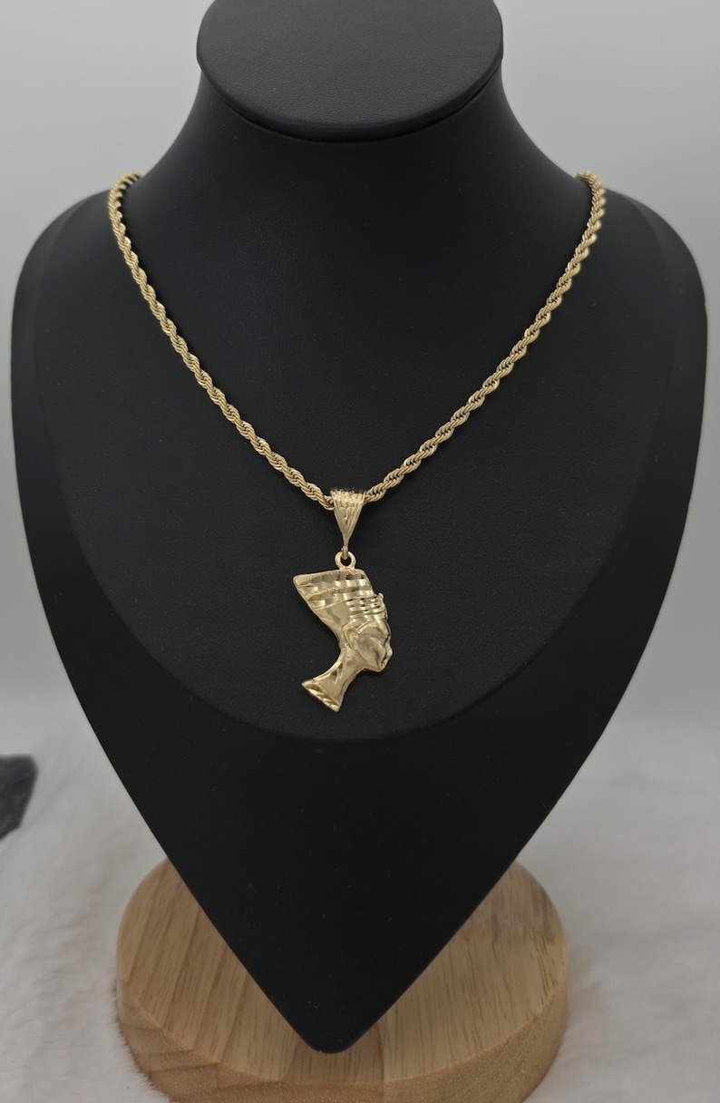 Gold Nefertiti Pendant Necklace: 14k Heavy Plated, 3mm French Rope Chain, Lifetime Replacement Guarantee image 10
