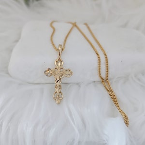 Gold Fancy Crucifix Necklace: 14k Heavy Plated Curb Chain