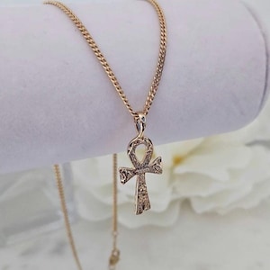 Gold Ankh Necklace, Cross Chain, 14k Heavy Plated Gold, Unisex Necklace, 2mm Curb Chain, Textured Ankh, Lifetime Replacement Guarantee