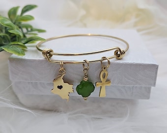 Gold Charm Bangle: Colombia, Clover, Cross - Adjustable Bracelet