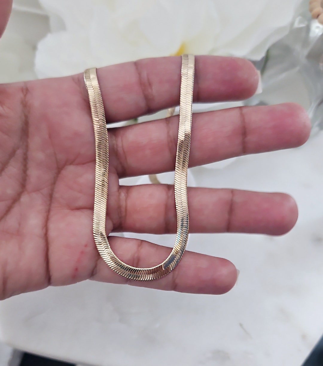 10K Gold Herringbone Necklace, 4mm Thick Herringbone Necklace, Real 10k