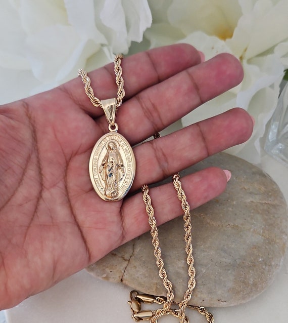 Oval Virgin Mary Gold Coin Pendant Necklace For Men And Women 2mm Gold Box  Link Chain Religious Charm Jewelry Gift 2023 LGP431 From Juliusrandle,  $11.7 | DHgate.Com