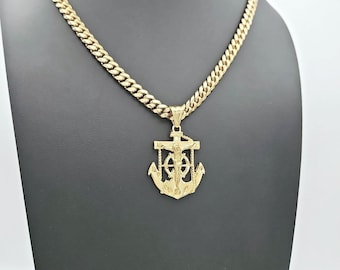 Gouden ankerketting, grote Jezus-ankerketting, 14k zwaar verguld goud, Cubaanse schakelketting van 7 mm, hoge kwaliteit, waterdicht, vervagingsvrije ketting
