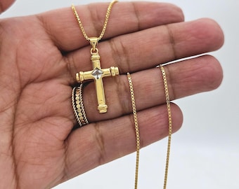 Goldene Kreuzkette mit CZ - 1 mm Box-Kette, 14 Karat stark überzogenes Gold, lebenslange Ersatzgarantie