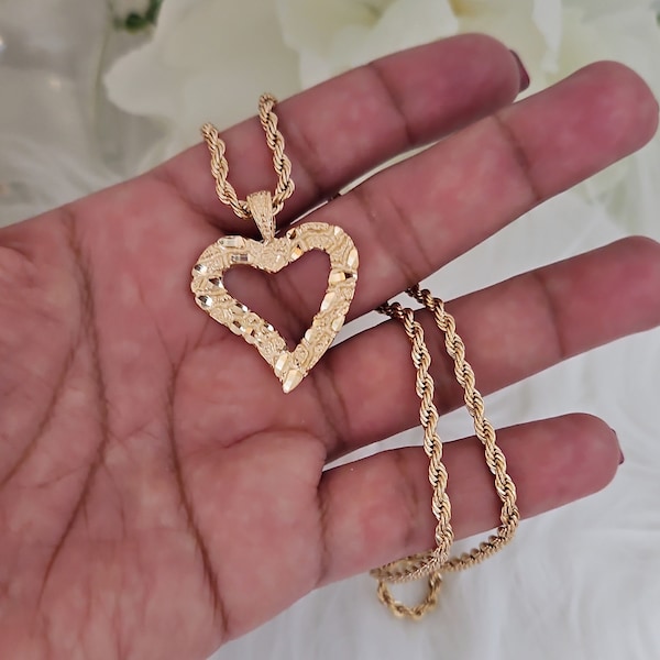 Gold Nugget Necklace, Large Nugget Heart, 3mm Rope Chain, Gold Nugget Necklace For Women, 14k Heavy Plated Gold, High Quality Necklace