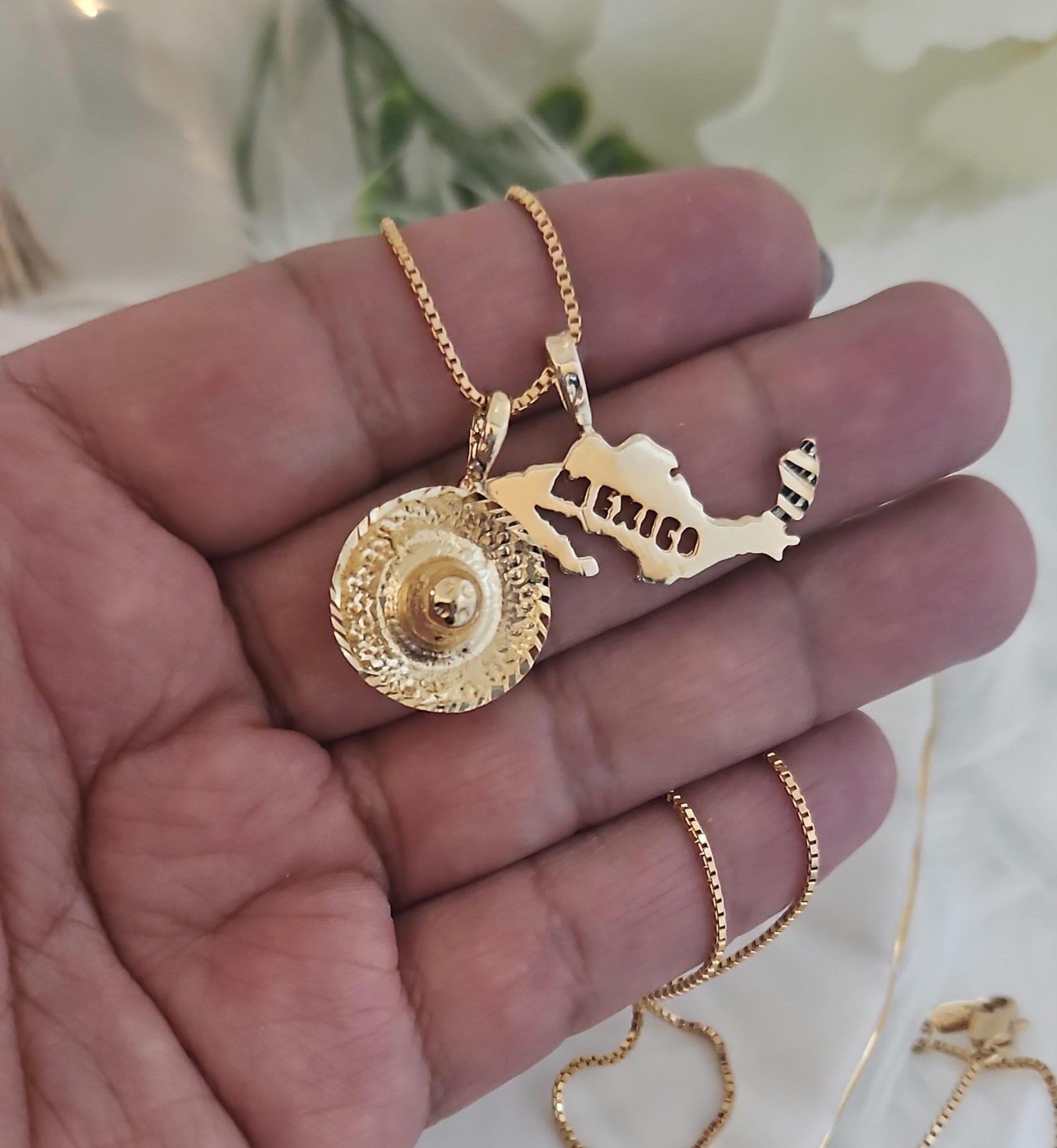 ゴールドメキシコネックレス：ソンブレロ＆マップペンダント、14K
