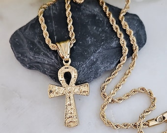 Gold Ankh Necklace For Men, Large Textured Ankh Cross Pendant, 4mm French Diamond Cut Chain, 14k Heavy Plated Gold Necklace, High Quality