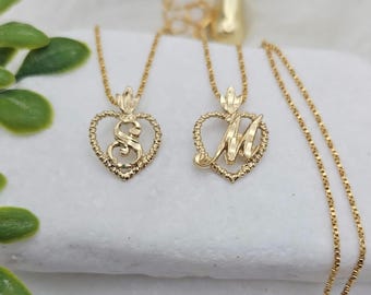Initial Necklace: Diamond Cut Heart Pendant, 14k Heavy Plated Gold, Lifetime Replacement Guarantee