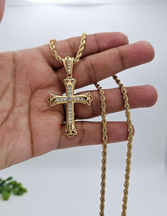 Gold CZ Cross Necklace for Men: 14k Plated, 3mm Rope Chain