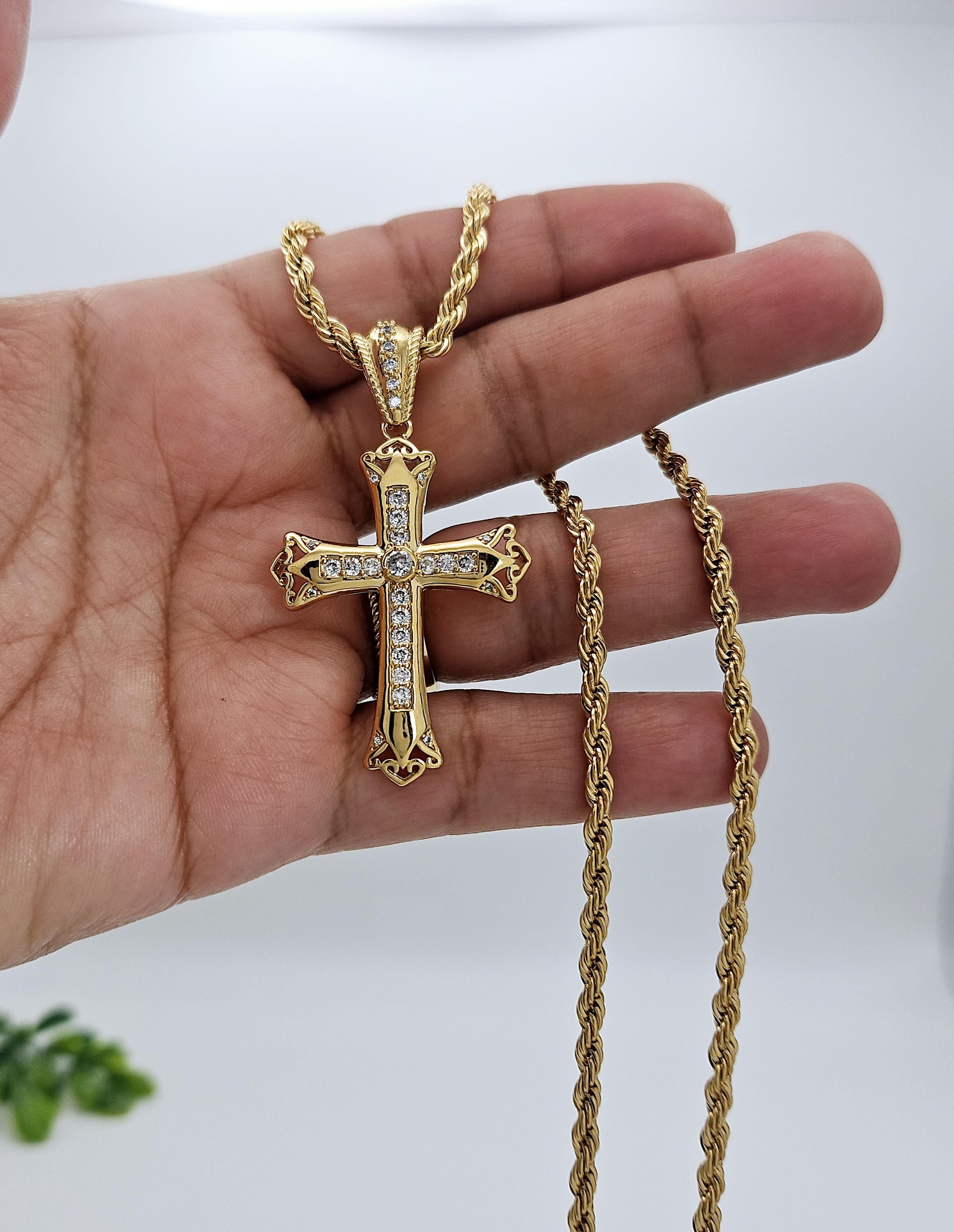 Gold CZ Cross Necklace for Men: 14k Plated, 3mm Rope Chain