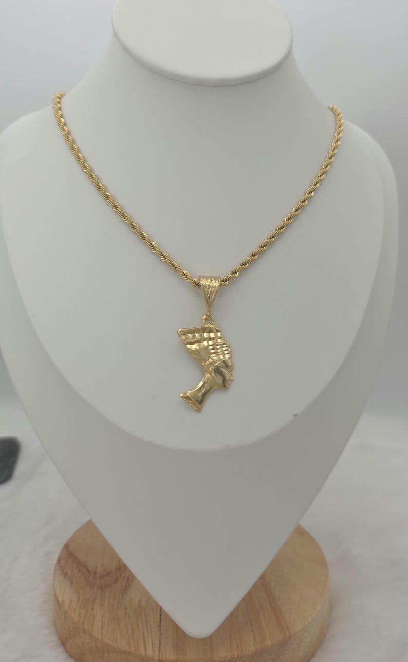 Gold Nefertiti Pendant Necklace: 14k Heavy Plated, 3mm French Rope Chain, Lifetime Replacement Guarantee image 16