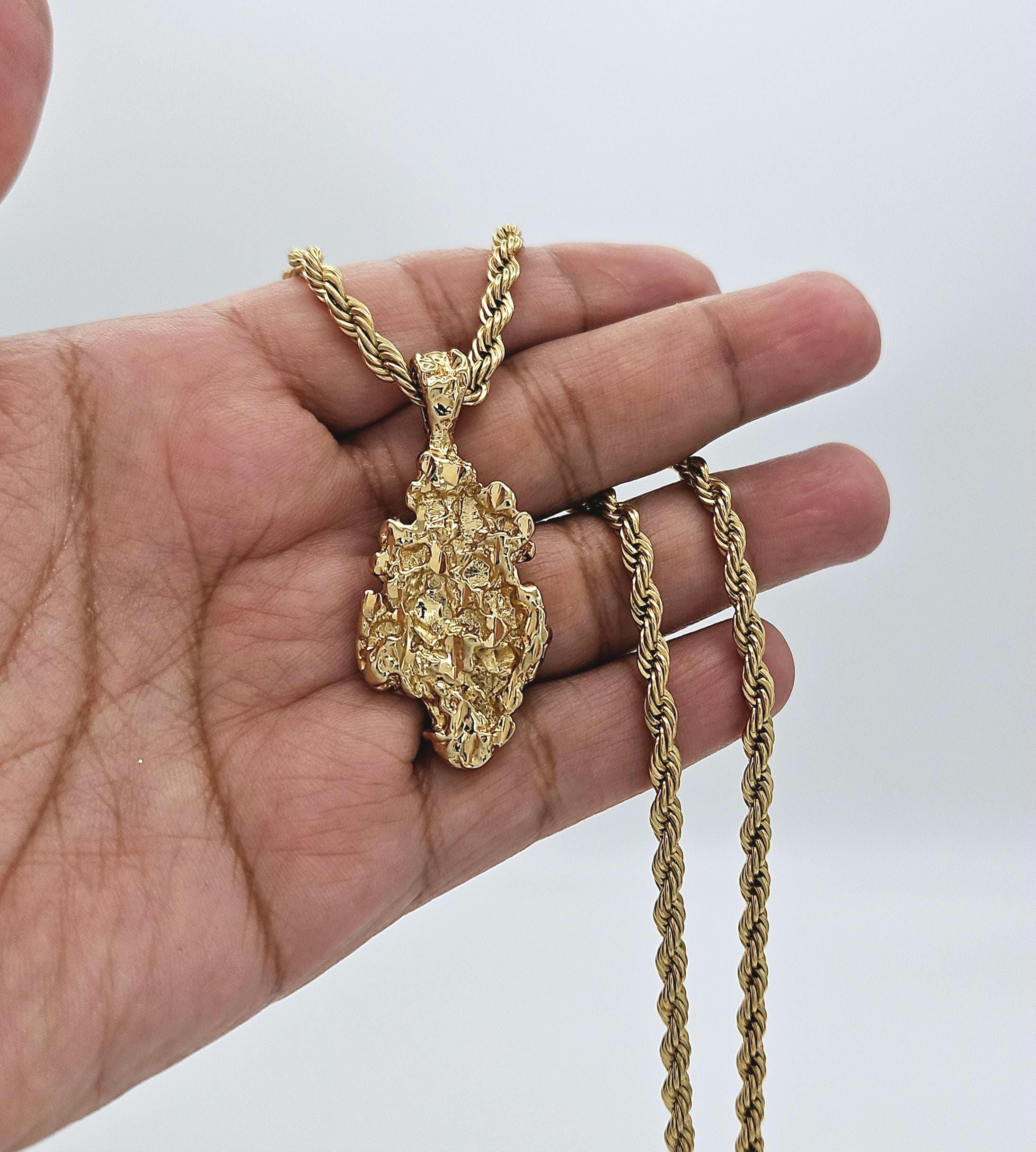 Gold Nugget Necklace, Gold Nugget Chain, 14k Heavy Plated Gold, 4mm French Rope Chain, Medium Sized Nugget Pendant, Waterproof, Fade Free