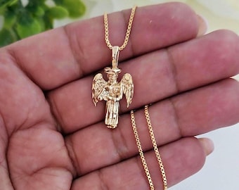 Gold Guardian Angel Necklace: 14k Plated, Diamond Cut, 1mm Box Chain