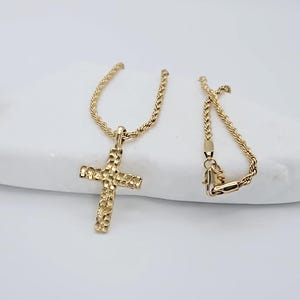14k Gold Plated Nugget Cross Necklace - 3mm Rope Chain
