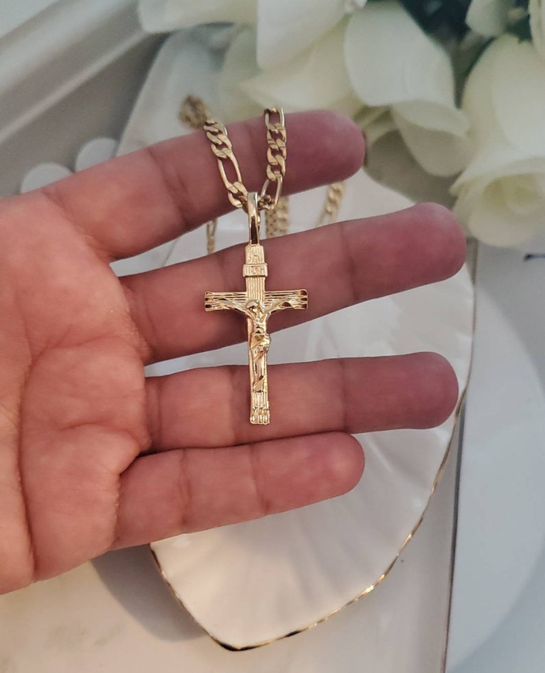 14k Gold Crucifix Necklace for Men 4mm Figaro Chain 14k Etsy
